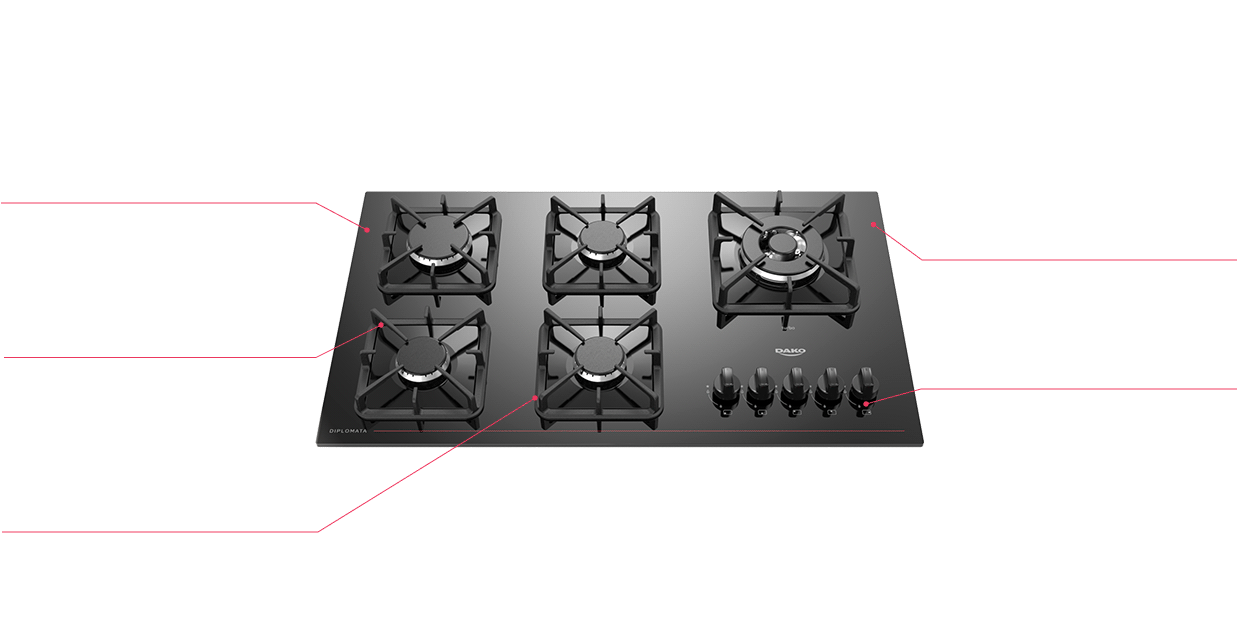 Cooktop a Gás 5 Bocas Preto com Mesa de Vidro e Tripla Chama Dako Diplomata Bivolt
