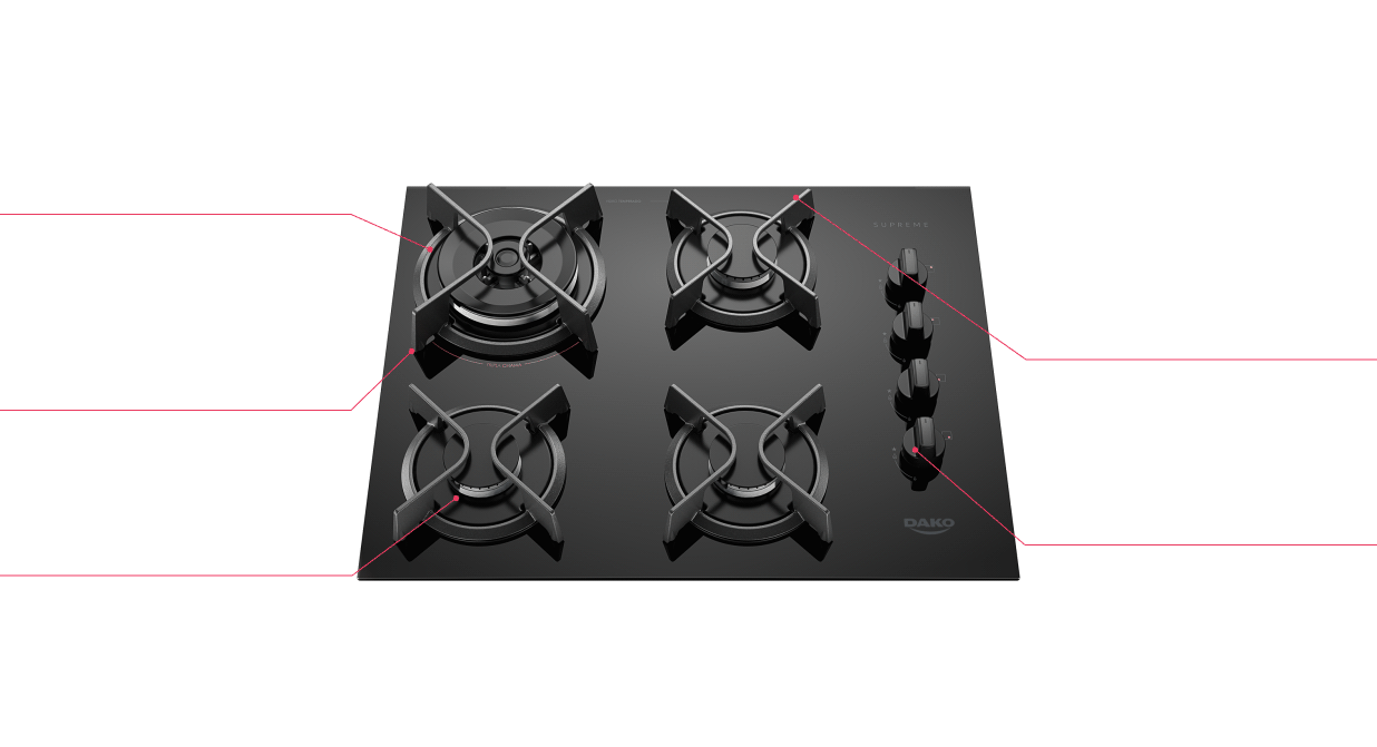 Cooktop 4 Bocas Preto com Mesa de Vidro e Tripla Chama Dako Supreme Bivolt