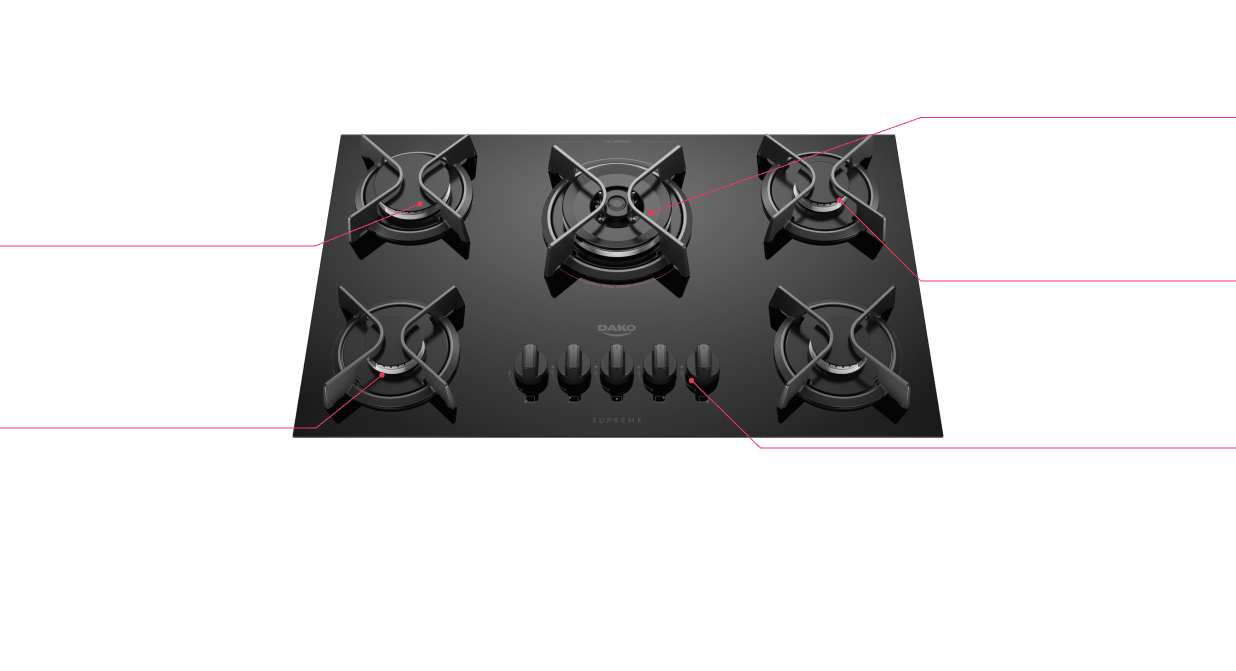 Cooktop 5 Bocas Preto com Mesa de Vidro e Tripla Chama Dako Supreme Bivolt