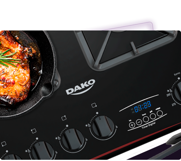 Fogão 4 Bocas Preto com Frente em Vidro Preto e Timer Digital Dako Diplomata Grill Bivolt 